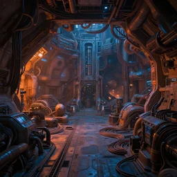 epic sci - fi mothership interior and exteror - machinery, tubes wires path intricate high detail matte painting masterpiece orange blue warm tones quiet