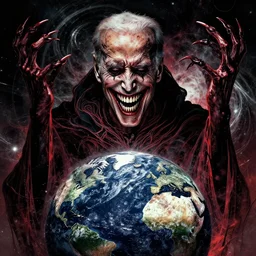 crazy mad Joe Biden grinning demonic sadistic smile all powerful emperor of the world, high contrast, cosmic horror, abstract, masterpiece, trending on ArtStation, by Greg Rutkovski and by Craig Mullins and by David Cronenberg and by Ismail Inceoglu