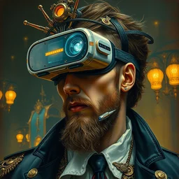 detailed potrait of a cyberpunk prince with vr headset, steampunk, painting by james jean, craig mullins, j. c. leyendecker, lights, art by ernst haeckel