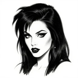 goth girl with a detailed face and black hair, burlesque psychobilly, rockabilly, punk, white background, drawing, illustration by frank frazetta