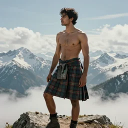 a homoerotic portrait by greg rutkowski and albert bierstadt and bill ward of a shirtless handsome desi hiker on a mountain peak | he is wearing a revealing tartan kilt | background is snowy mountains and clouds | detailed face, ethereal, dreamlike | trending on artstation
