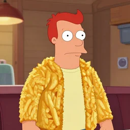 a portrait of philip fry from futurama made out of french fries, realistic, 4 k.