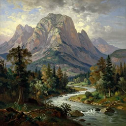 a beautiful painting of a lush landscape with massive mountains in the background and river running through the painting, forest, by albert bierstadt, high resolution