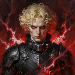 oil painting of a pale menacing male soldier with fluffy blond curls of hair and piercing eyes, center parted bangs, high tech suppression dog collar, jagged black imperial armor, sinister resonant red glow white fractals creeping darkness, by WLOP, Artstation, CGsociety
