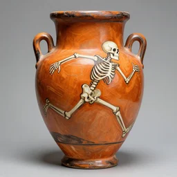 skeletons running painted on a roman jar, abstract, orange theme, 8k resolution, sodium light