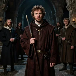 jesse eisenberg as an enigmatic medieval christian ( ( monk ) ) in a dark underground city. dark shadows, colorful, law contrasts, ( ( ( fill light photo sample ) ) ) fantasy portrait by jakub rozalski, jan matejko, and j. dickenson