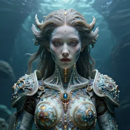 closeup symmetry! biblical diabolical bautiful cyborg girl, glowing veins, intricate detailed porcelain armor, ocean on alien planet titan, underwater photography, by gerald brom, by mikhail vrubel, by peter elson, muted colors, extreme detail, trending on artstation, 8 k