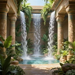 ancient egyptian interior with plants and waterfalls, fantasy art, intricate, smooth, trending on art station