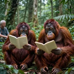 a hutong party to protect an orangutan in the rainforest, accompanied by a human in a monkey's body, both reading abstracts from Albert Camus as capitalism causes an apocalypse, dreaming of a commune in Wales in 2030 with friends from around the world, photograph, very realistic, trending on artstation