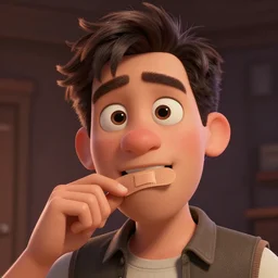 a Pixar style cartoon of a man chewing on a bandaid.