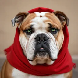 portrait of american bulldog as afghan girl, green eyes and red scarf looking intently, photograph by steve mccurry