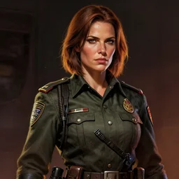 fallout 5, concept art brunette rugged authoritarian female enclave officer portrait, concept art, comicstyle, atmospheric lighting, painted, intricate, volumetric lighting, beautiful, rich deep colors masterpiece, sharp focus, ultra detailed by jack kirby, ignacio fernandez rios, thierry doizon