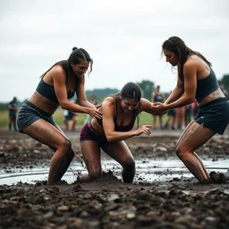 3 women fall over mud - wrestling