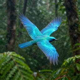 a hologram of a cyan bird flying high speed across the rainforest, holography, irridescent, nature documentary still
