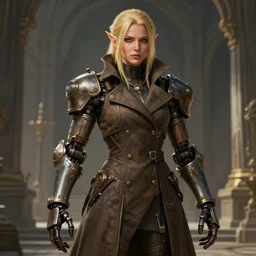 female half elf monk in a temple, tight trench coat, thick steampunk prosthetic arms, blonde hair, green eyes, concept art, key visual, realistic shaded perfect face, fine details, high fantasy, by stanley artgerm lau, wlop, rossdraws, james jean, andrei riabovitchev, marc simonetti, sakimichan