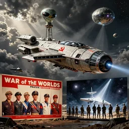 war of the worlds and space invaders scene, communist outfit propaganda, alien style starship