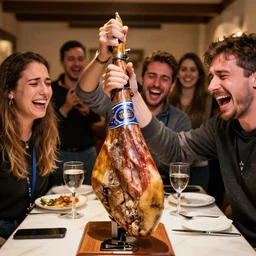 guys crying of joy around a lan iberico spanish ham