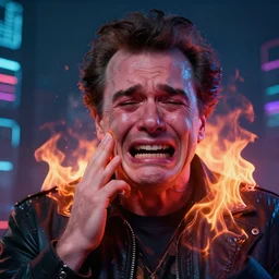 portrait of john candy crying in pain, john candy burning in the metaverse, agony and suffering, cyberpunk, digital art, trending on artstation, octane render