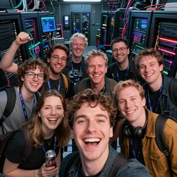 selfie of a tight group of happy drunken hackers at a party in a highly detailed server room with computers everywhere and wires, in a scifi movie, vivid colors, by jamie hewlett, nuri iyem, james gurney, james jean, greg rutkowski, anato finnstark. pixar. hyper detailed, wide angle, perfect faces