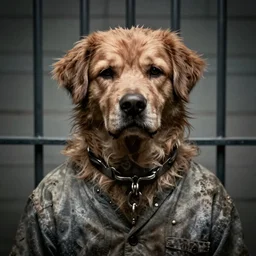 prison mugshot of shaggy, dramatic lighting, dirty clothes, neck shackle, low saturation, somber expression, soft vignette, 4 k