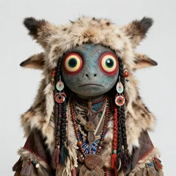 a photography of a shamanic creature with big painted eyes and multiple layers of fabric and fur by charles freger