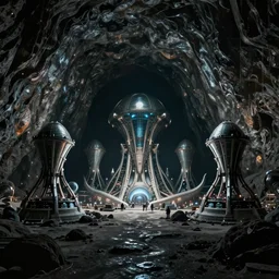 Gigantic alien structures found in an enormous dark cave. Establishing shot, wide shot, cinematic, 4k