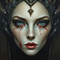 a hyper realistic alien empress, beautiful symmetrical face, award winning painting, brush splashes of blood, artwork by chiara bautista and beksinski and norman rockwell and greg rutkowski, tom bagshaw weta studio, and lucasfilm