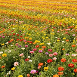 highly detailed photo of colorful flower field on sunny day, hyper realistic, concept art, 8 k detail post - processing