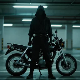 blade runner movie still of a silhouetted yakuza in an underground parking lot, holding a katana sword, with a yamaha motorcycle, rack focus, close establishing shot, monochromatic teal, dark teal lighting, soft dramatic lighting, 4 k digital camera