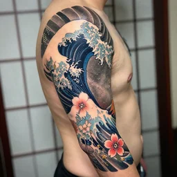 a photo of a tattoo sleeve design of a japanese wave and sakura flowers, in the style of graffiti