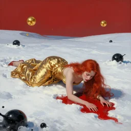 surreal snow landscape, woman in gold dress with red hair crawling in red liquid, black antimatter blobs, floating golden orbs, red sky, beksinski, concept art, artstation, style by anato finnstark,
