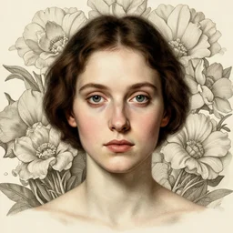 portrait of a person with floral background : : by elena masci, nychos, giuseppe arcimboldo, melanie delon : : digital art, portrait, illustration, photorealism, hyperrealism, hyper - maximalist, surrealism, negative space, intricate detail, line work, muted, natural tones, weta, wlop, deviantart, imaginefx