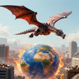 dragon flying over post apocalyptic earth with fire everywhere and destroyed buildings, surreal, sharp focus, digital art, epic composition, concept art, dynamic lighting, intricate, highly detailed, 8 k, unreal engine, blender render