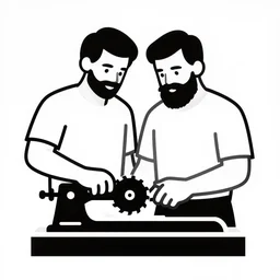bearded man using lathe, sawblade border, vector art, simple, clean, monochromatic, woodturning