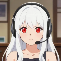 anime visual of a cute girl, with + ( ( red eyes ) ) + long white hair + wearing a headset + ( ( ( in her room interior as background ) ) ), poster by ilya kuvshinov, detailed face features, flat cel shaded