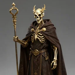 dragon skeleton priest with sceptre in his hand wearing a dark brown cape, realistic, detailed, metallic golden, gothic style