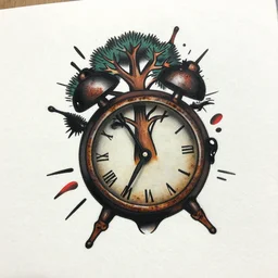 traditional american tattoo art of a tree inside a rusted clock made of black liquid, tattoos exploding out, fine detail, sheet paper, white background