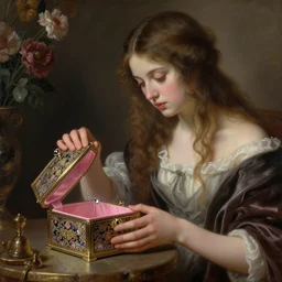 girl opens pandora box, realistic intricate environment, highly detailed, trending on artstation, classical oil painting