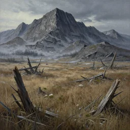 landscape painting of destroyed meadows with destroyed mountainrange in background, dystopian wasteland, destroyed nature, apocalypse, winter, fine details, magali villeneuve, artgerm, yoji shinkawa