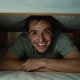 a still from a horror film of a creepy Rick Astley smiling under a kid's bed, highly detailed face
