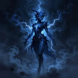 wispy smoky full body illustration of a dark blue air elemental with yellow eyes and lightning; detailed, best on artstation, cgsociety, wlop, cosmic, epic, stunning, gorgeous, masterpiece