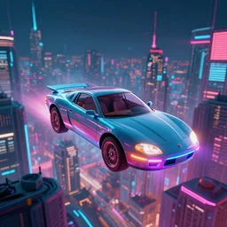flying car over the cyber city, retro future style