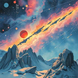 the space. beautiful, realistic painting by mucha and kuvshinov and bilibin and malevich. synthwave watercolor, thick lining, manga, soviet realism