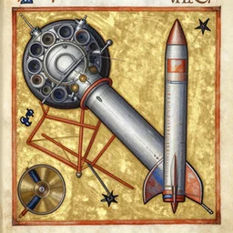 bad drawedmix between a turborreactor and a rocket in a medieval manuscript, medieval manuscript, golden miniatures