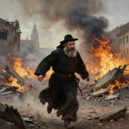 a close view of a jewish rabi running away!!!, city of munich destroyed by a meteor!!!, rubble!!, fires!! hyperrealistic, highly detailed, cinematic, foggy light from fires, beautiful, cgssociety, artstation, 8 k, oil painting by greg rutkowski, by artgerm, by wlop