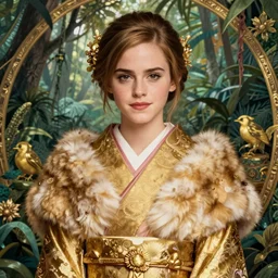 asian emma watson wearing golden furisode, jungle background, intricate, highly detailed, concept art, sharp focus, illustration, aleksi briclot, rutkowski, mucha
