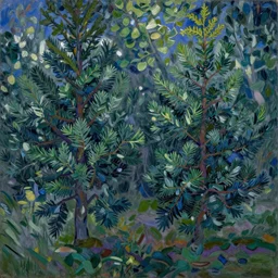An aesthetically pleasing, dynamic, energetic, lively, well-designed digital art of juniper trees in a forest at night in a low mist, light and shadow, chiaroscuro, by Claude Monet and Vincent Van Gogh, superior quality, masterpiece, excellent use of negative space. 8K, superior detail.