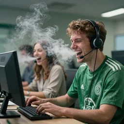 hyper realistic photo of a call centre, a celtic weathered young man, aesthetic! women, laughter and screaming face, feedback loop, burst of powders, spraying liquid, volumetric lighting, twisting vapour, bellowing dust, full colour, upscale, 8 k