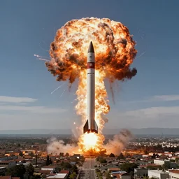 an intercontinental ballistic missile exploding mid - air above a huge town, concept art, digital painting, trending on artstation, deviantart, highly detailed, perfect composition, dramatic lighting, sharp focus, 8 k uhd