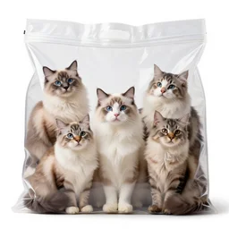 a highly detailed photo of multiple furry cats inside a transparent bag, white background, studio lighting, 4 k, 8 k